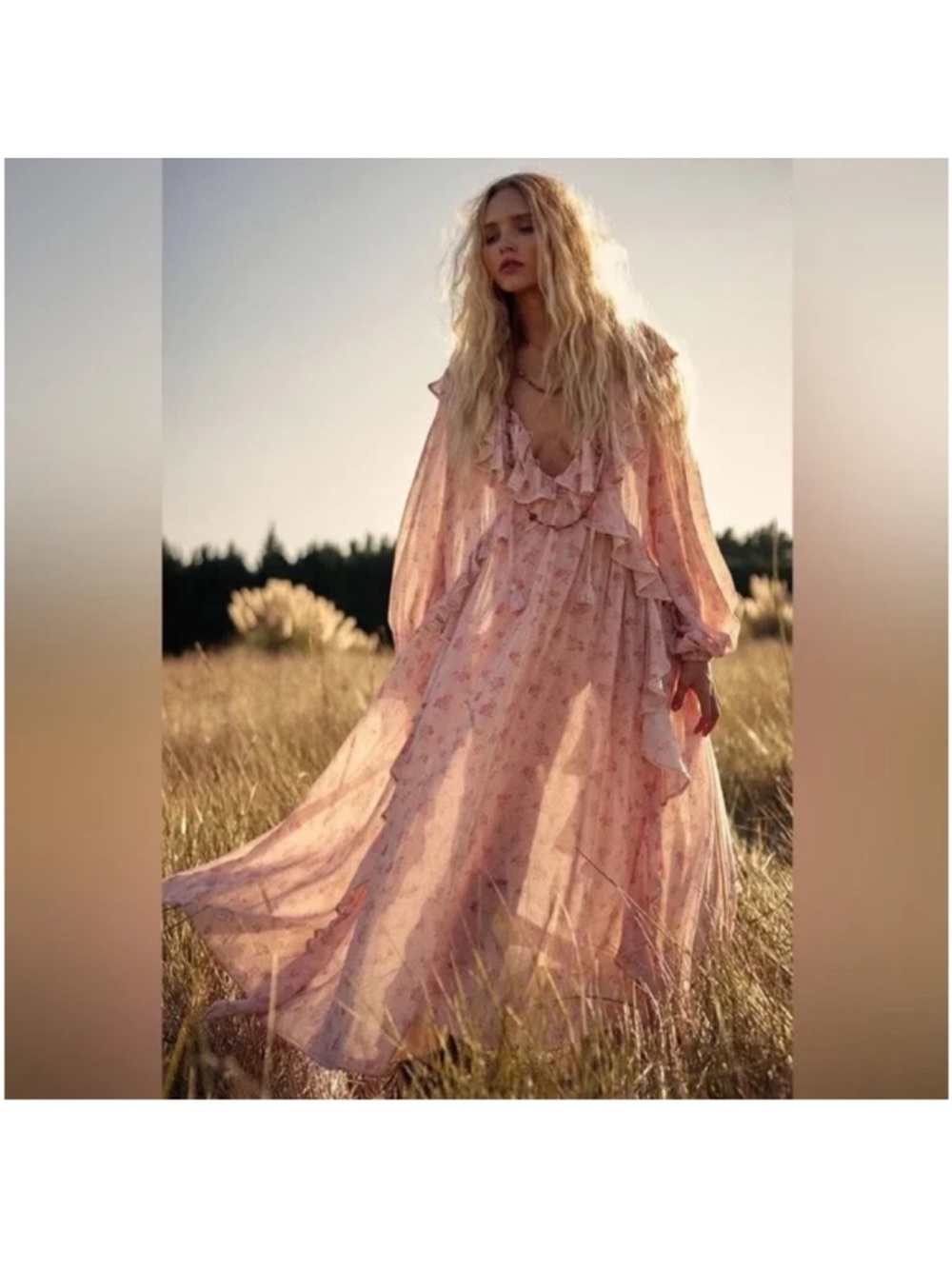 SPELL Fleur Ruffle Gown Pink Champagne Floral Ruffle Maxi Dress - Size Large